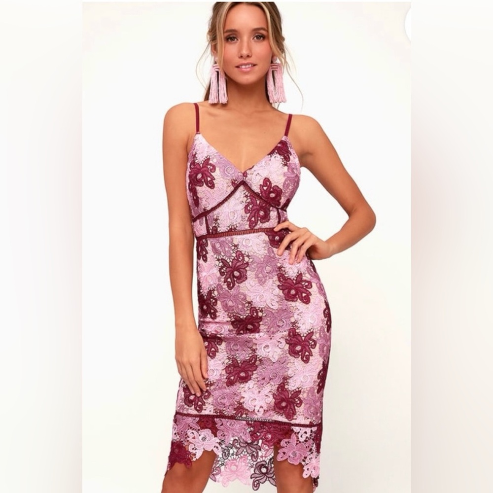 Lulus Endless Elegance Mauve Lace Bodycon Midi Cocktail Dress Flouncy Hem NWT L